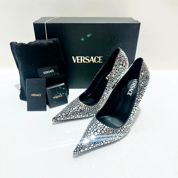 Versace Pumps 40/US 10 Black Crystal Embellished Leather Heel NIB $1,450 - Picture 5 of 14